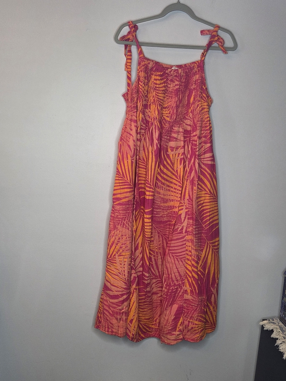 Beach Lunch Lounge Tropical Pink & Orange Sun Dress with Tie Straps, Size L